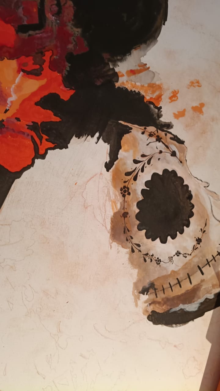 La calavera envuelta en negro; el cabello toma forma