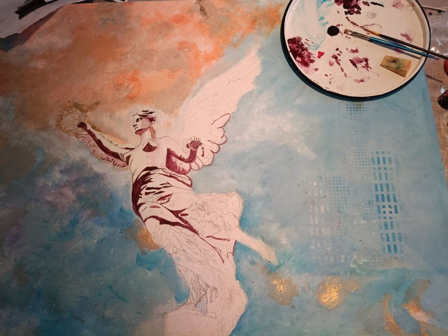 Primeros trazos sobre el cielo ya pintado